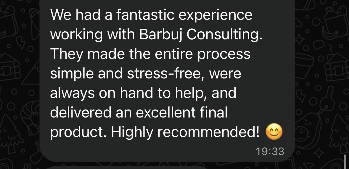 Original creator feedback describing a fantastic, simple and stress-free experience working with Barbuj Consulting